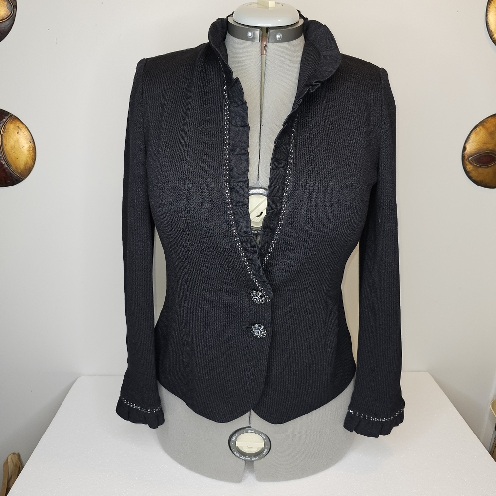 St. John Evening by Marie Gray Black Rhinestone Knit Cardigan Size 4